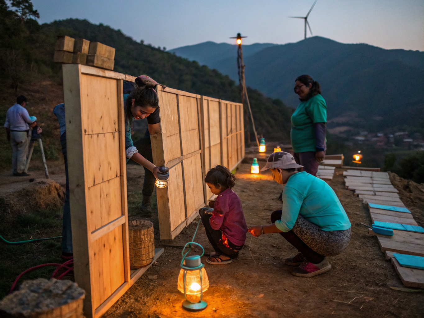 Volunteers distributing solar light kits in the community