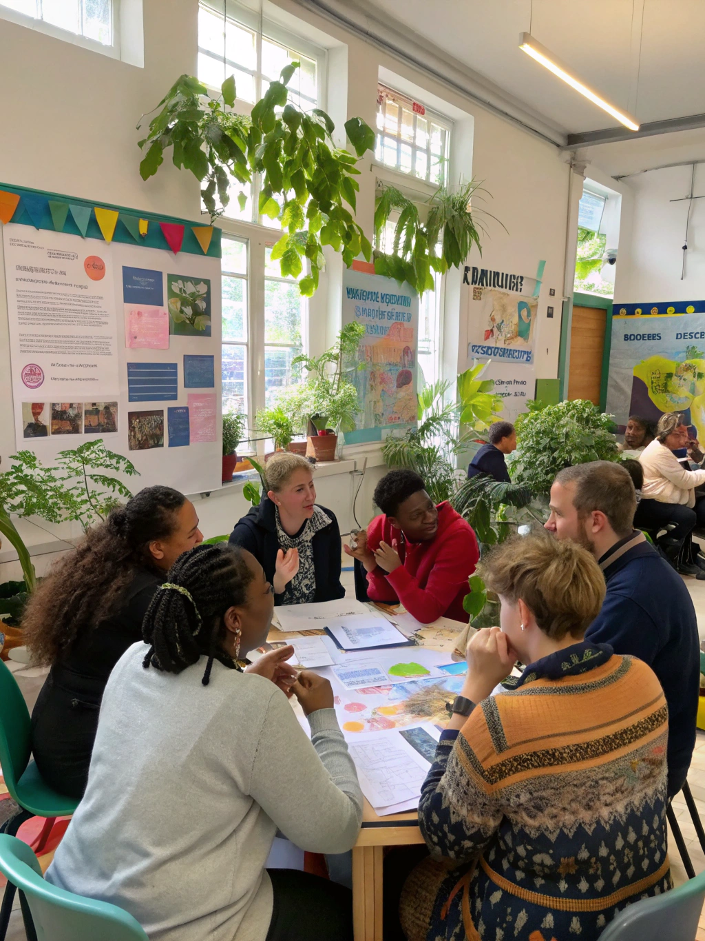 Community members working together in a bright, welcoming space