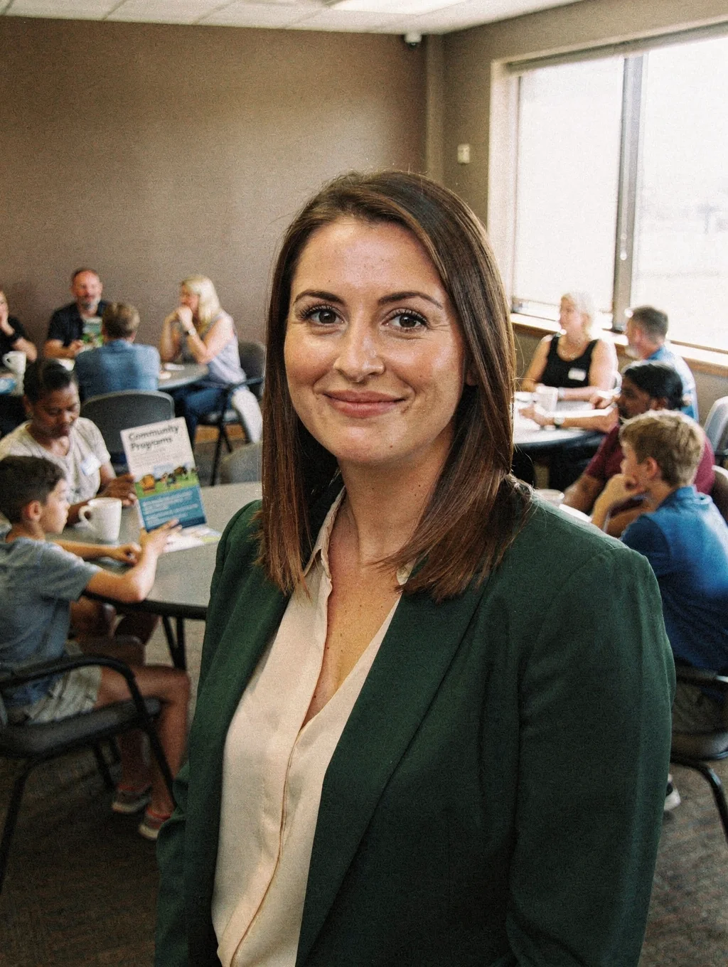 Sarah Jenkins, foundation member, smiling warmly in a bright community setting