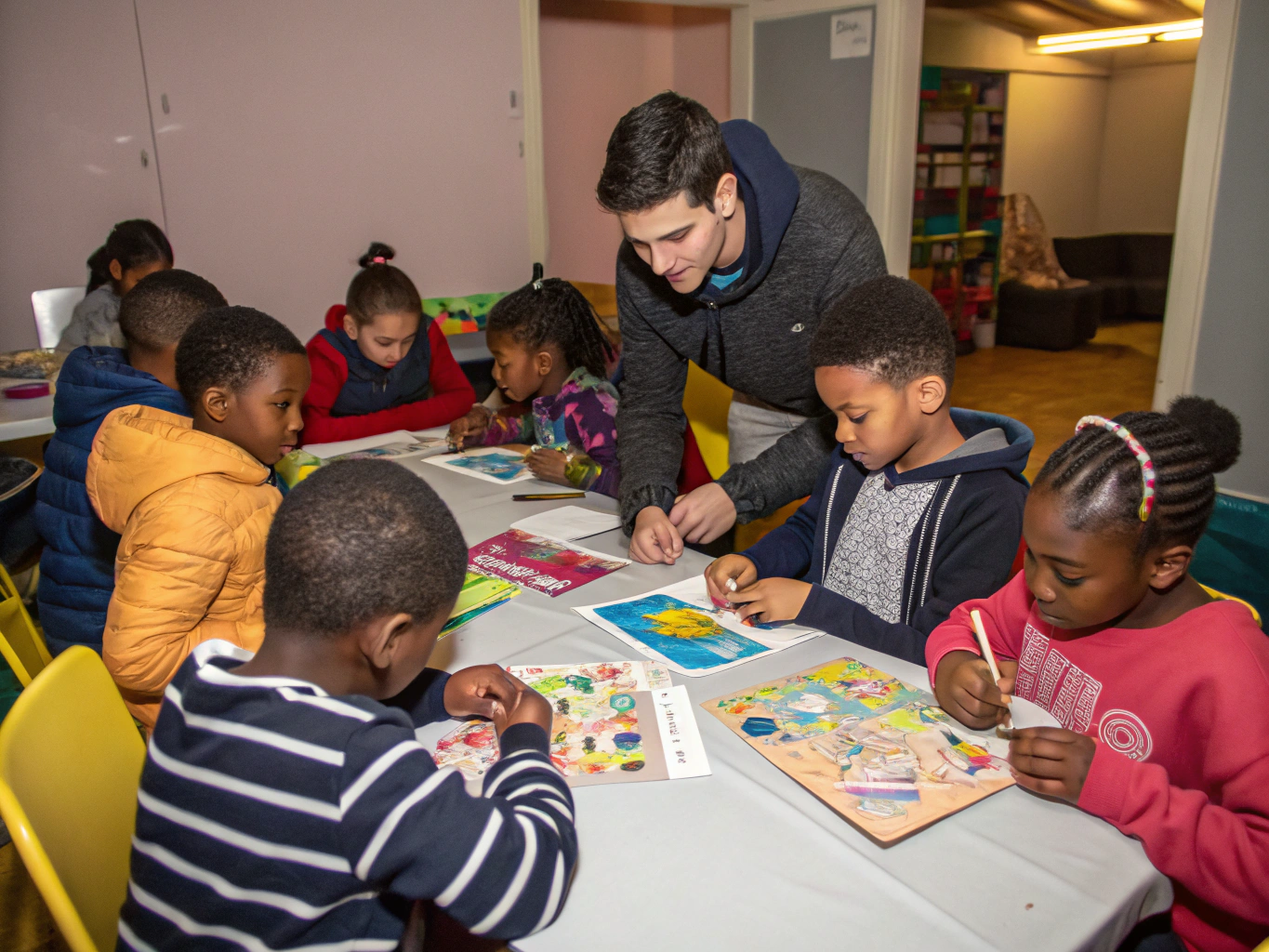 Children participating in an artistic mentorship workshop